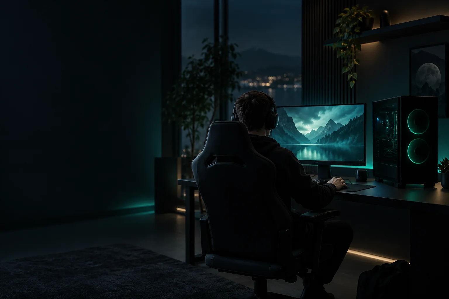Gamer frente a su setup, con una PC iluminada en verde